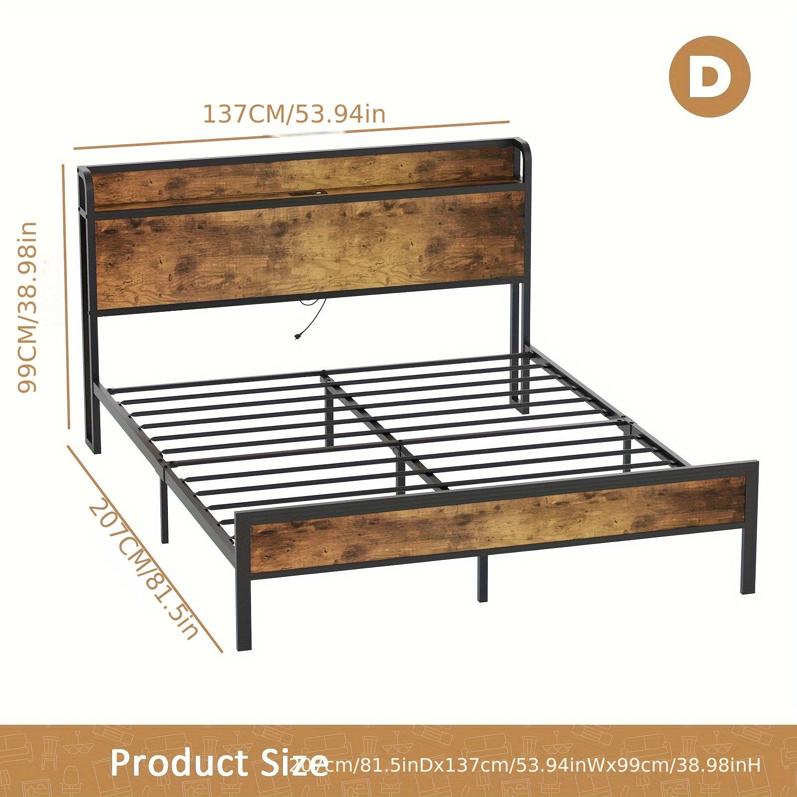 Wooden bed frame with metal support structure, dimensions indicated on a white background