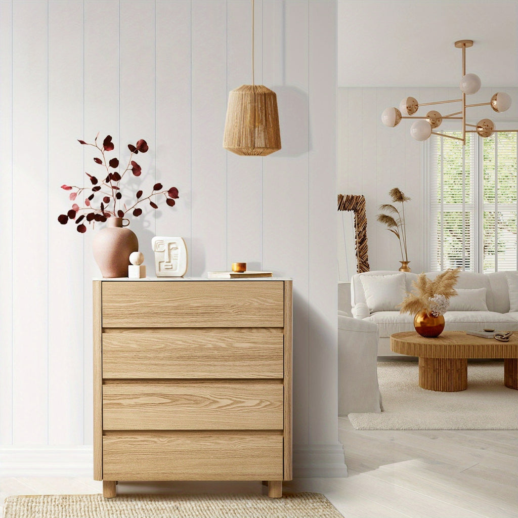 4‑Drawer Modern Chest – White & Natural Wood with Faux Marble Top