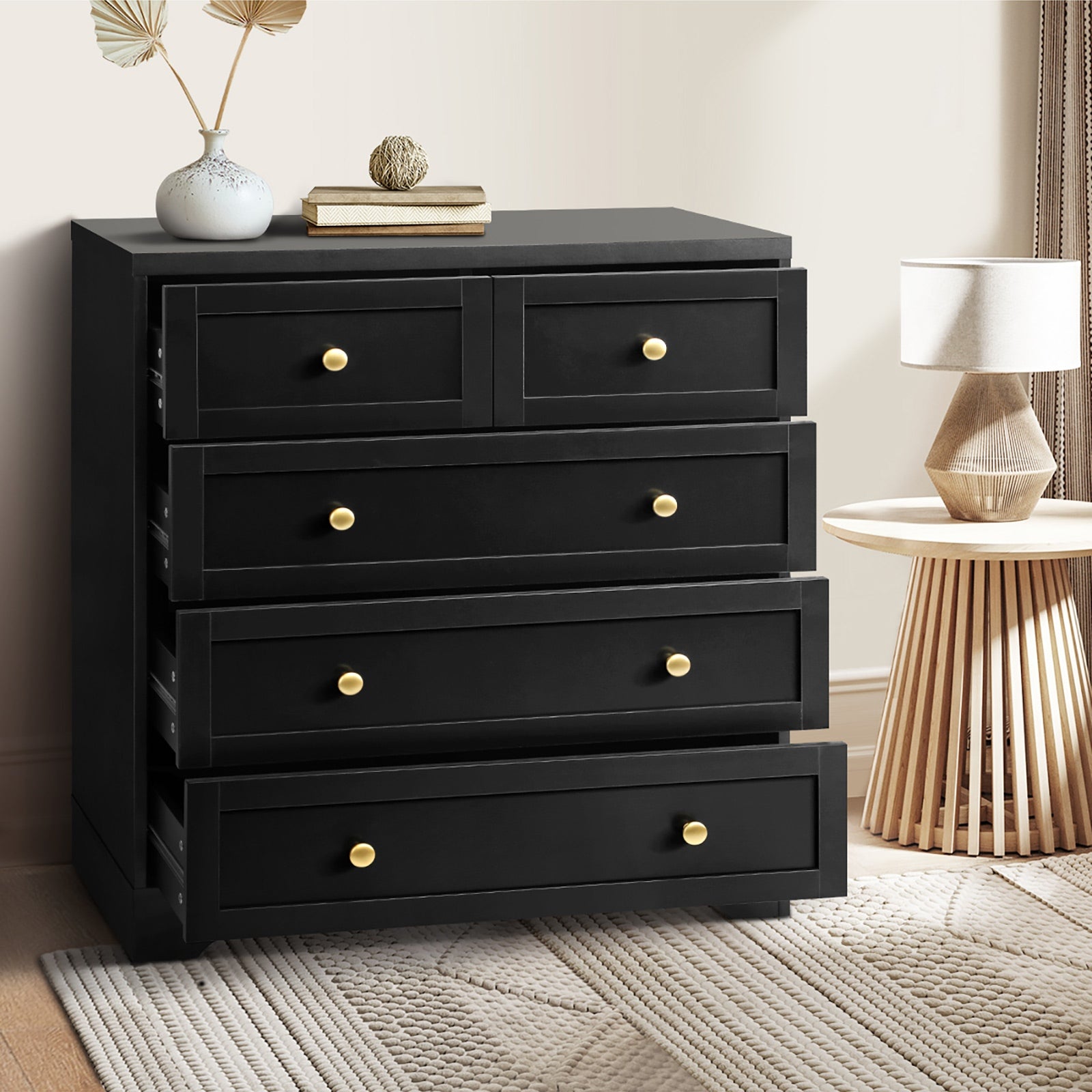 5‑Drawer Modern Chest – Black with Gold Accents
