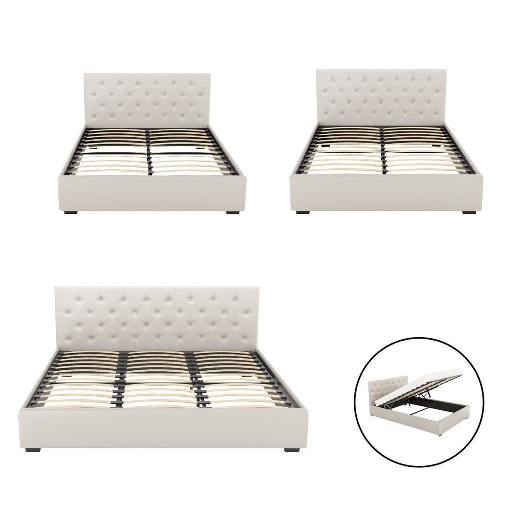 Three white tufted bed frames on a white background with an inset showing the bed base.
