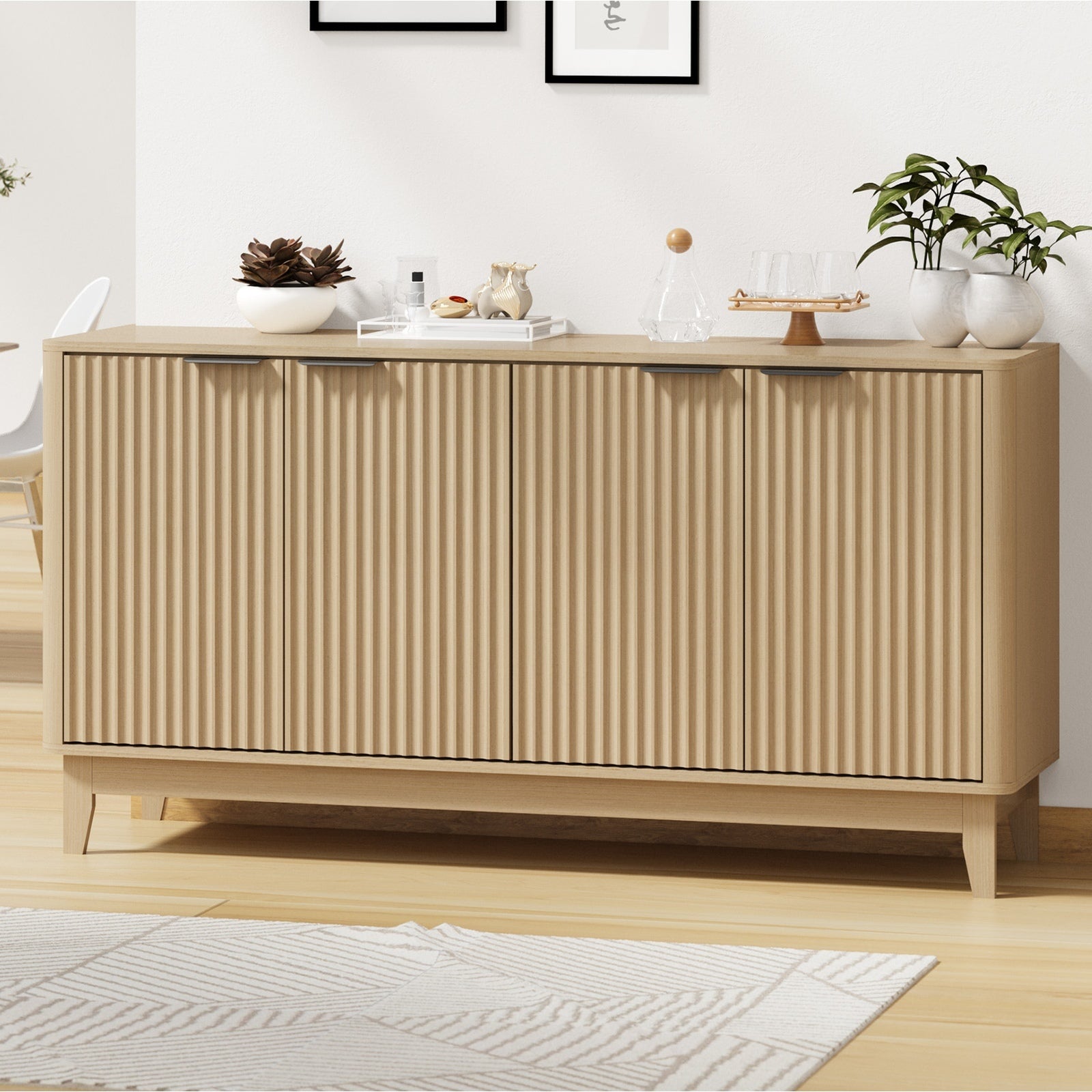 4‑Door Modern Sideboard – White & Natural Wood