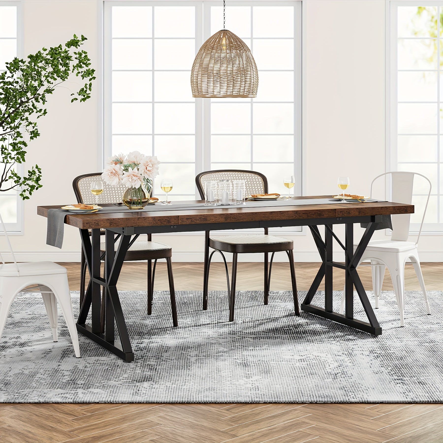 Wooden Farmhouse Rectangular Dining Table - Black
