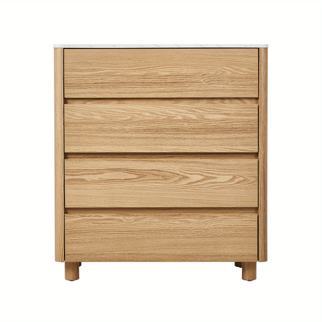 4‑Drawer Modern Chest – White & Natural Wood with Faux Marble Top
