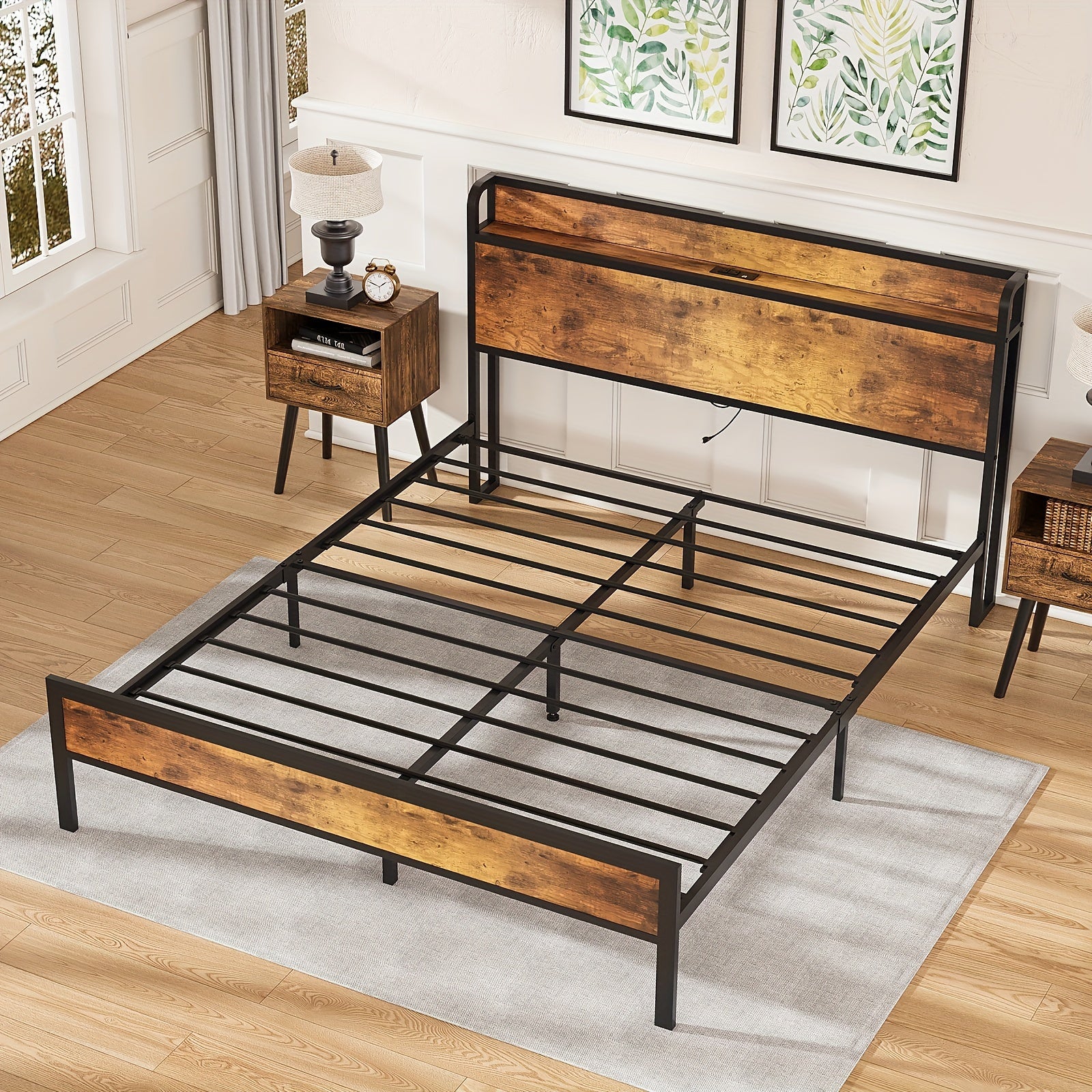Wooden bed frame with metal slats in a bedroom setting