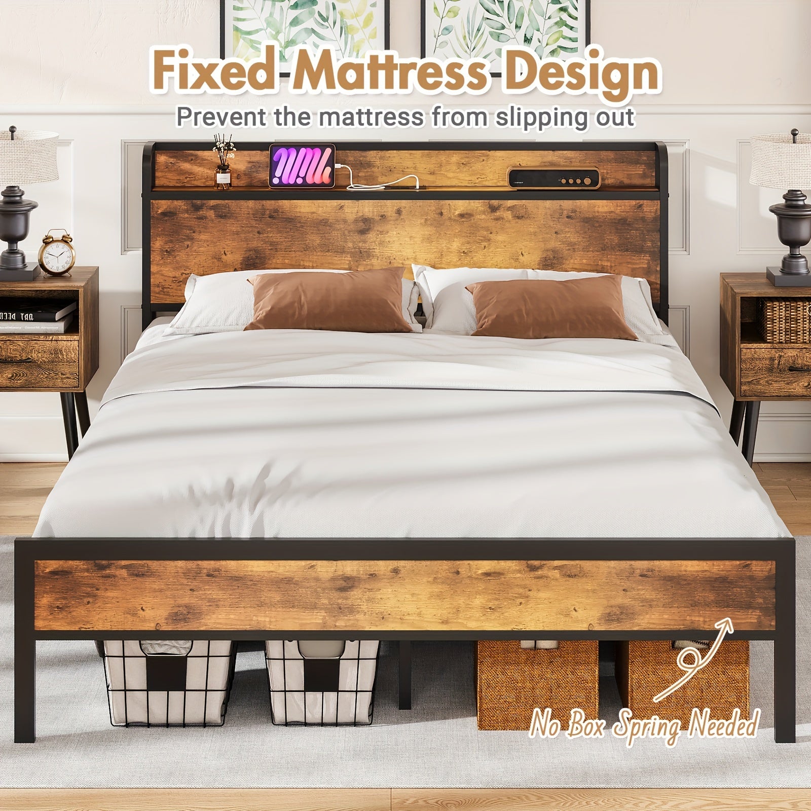 Wooden bed frame with mattress and pillows in a bedroom setting