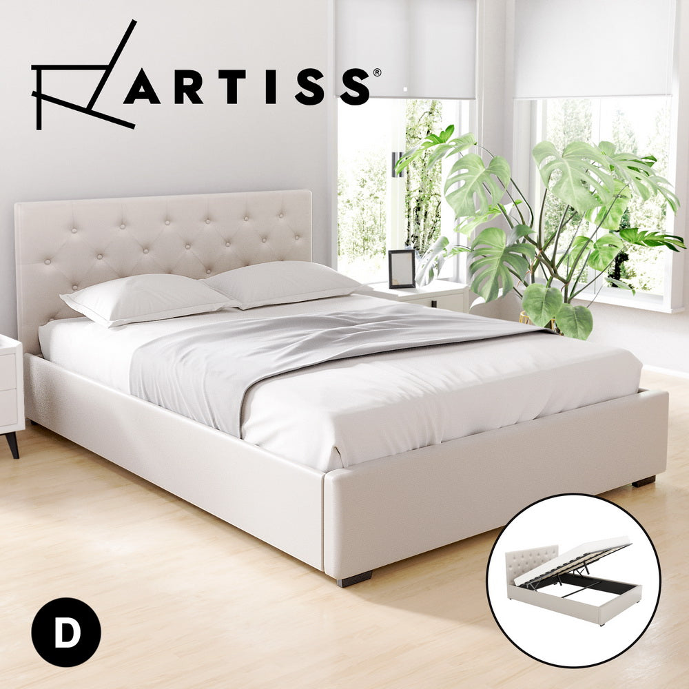 White upholstered bed with tufted headboard in a bright room with plants, featuring the Artiss brand.