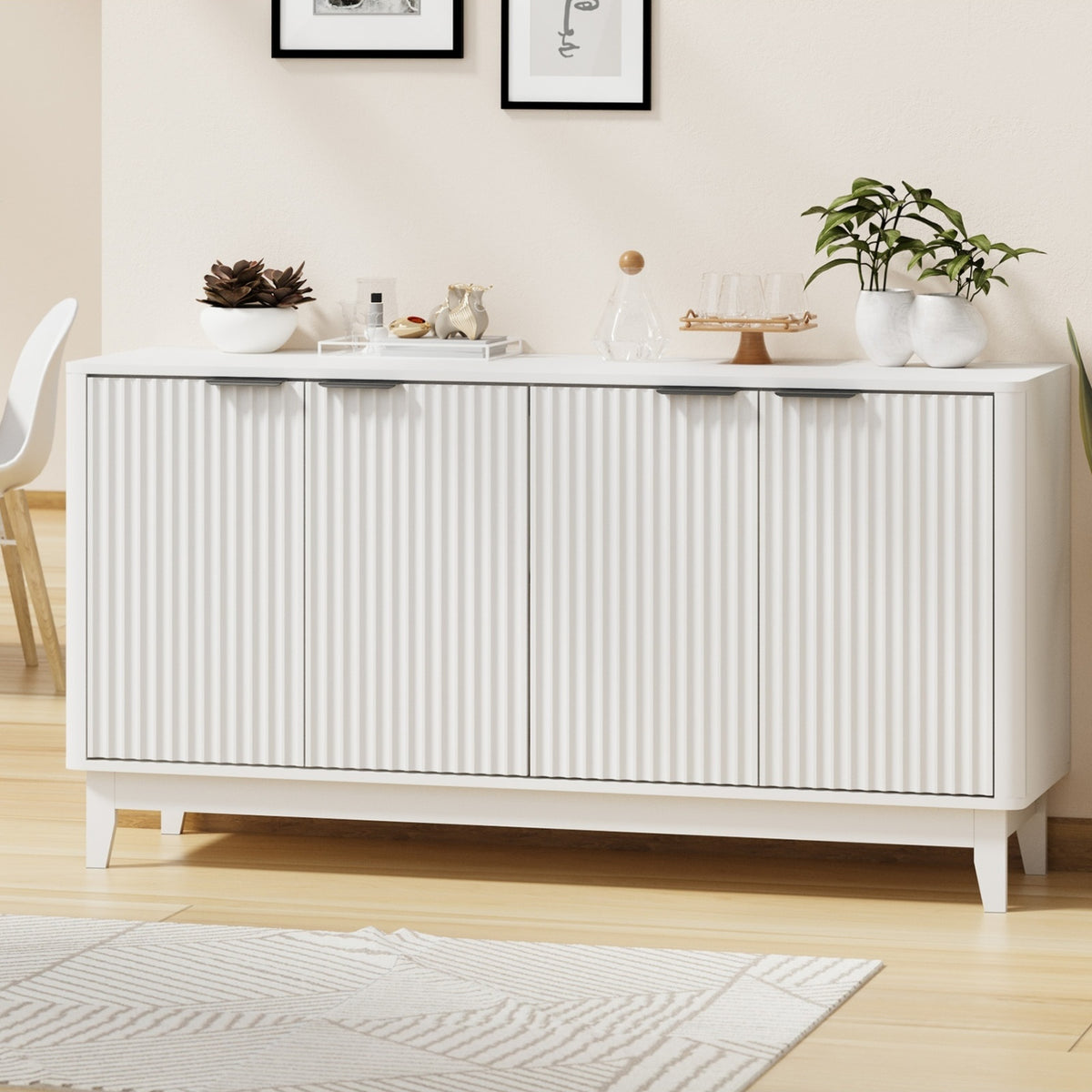 4‑Door Modern Sideboard – White & Natural Wood