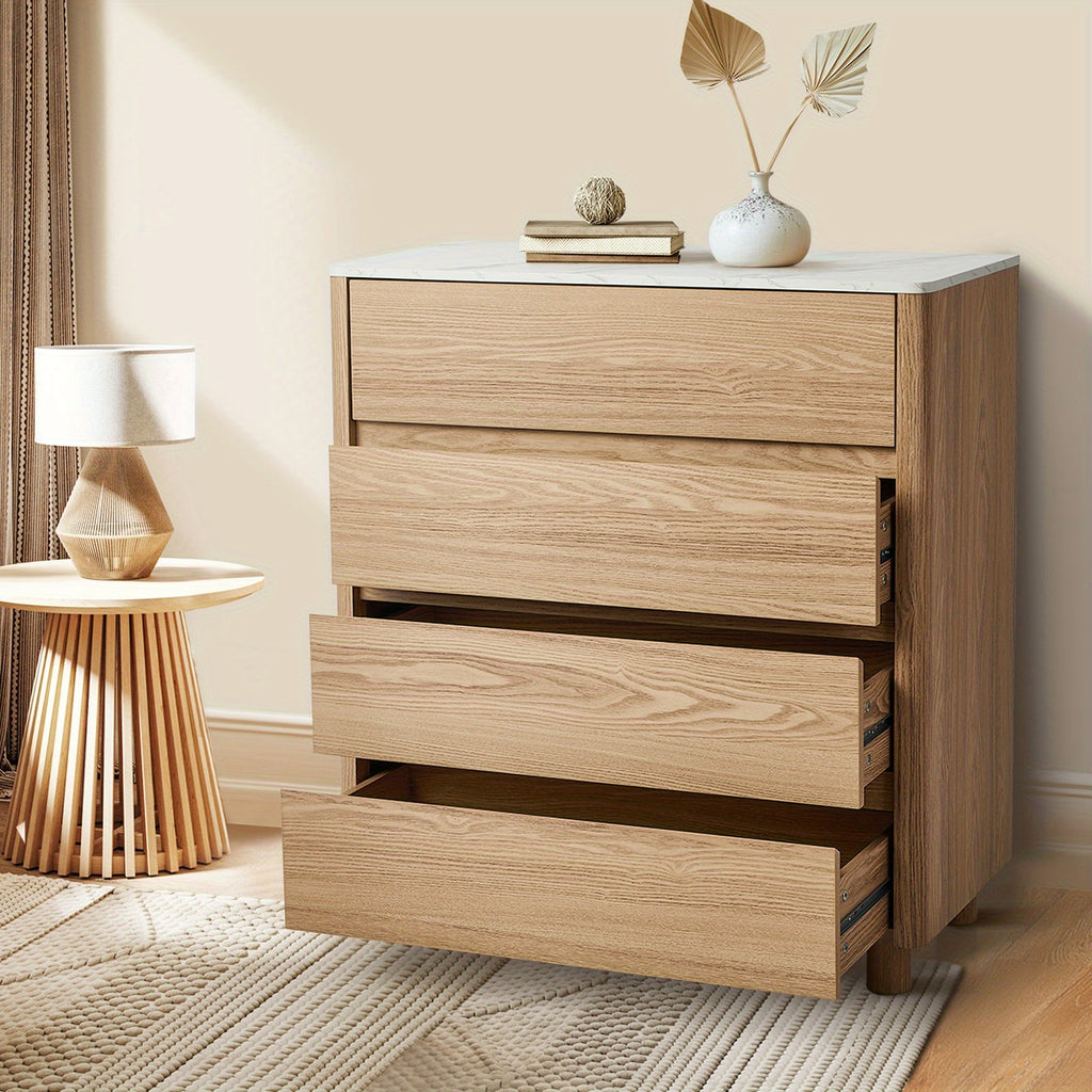 4‑Drawer Modern Chest – White & Natural Wood with Faux Marble Top
