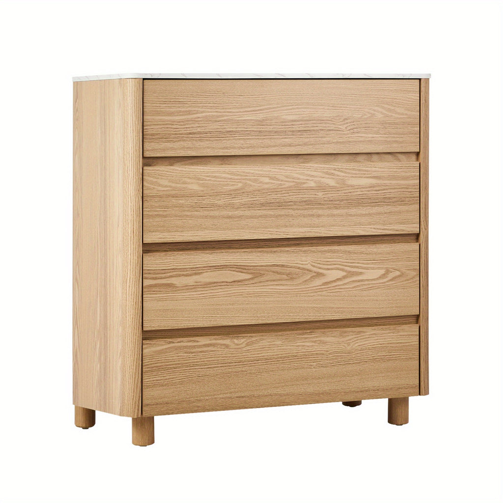 4‑Drawer Modern Chest – White & Natural Wood with Faux Marble Top