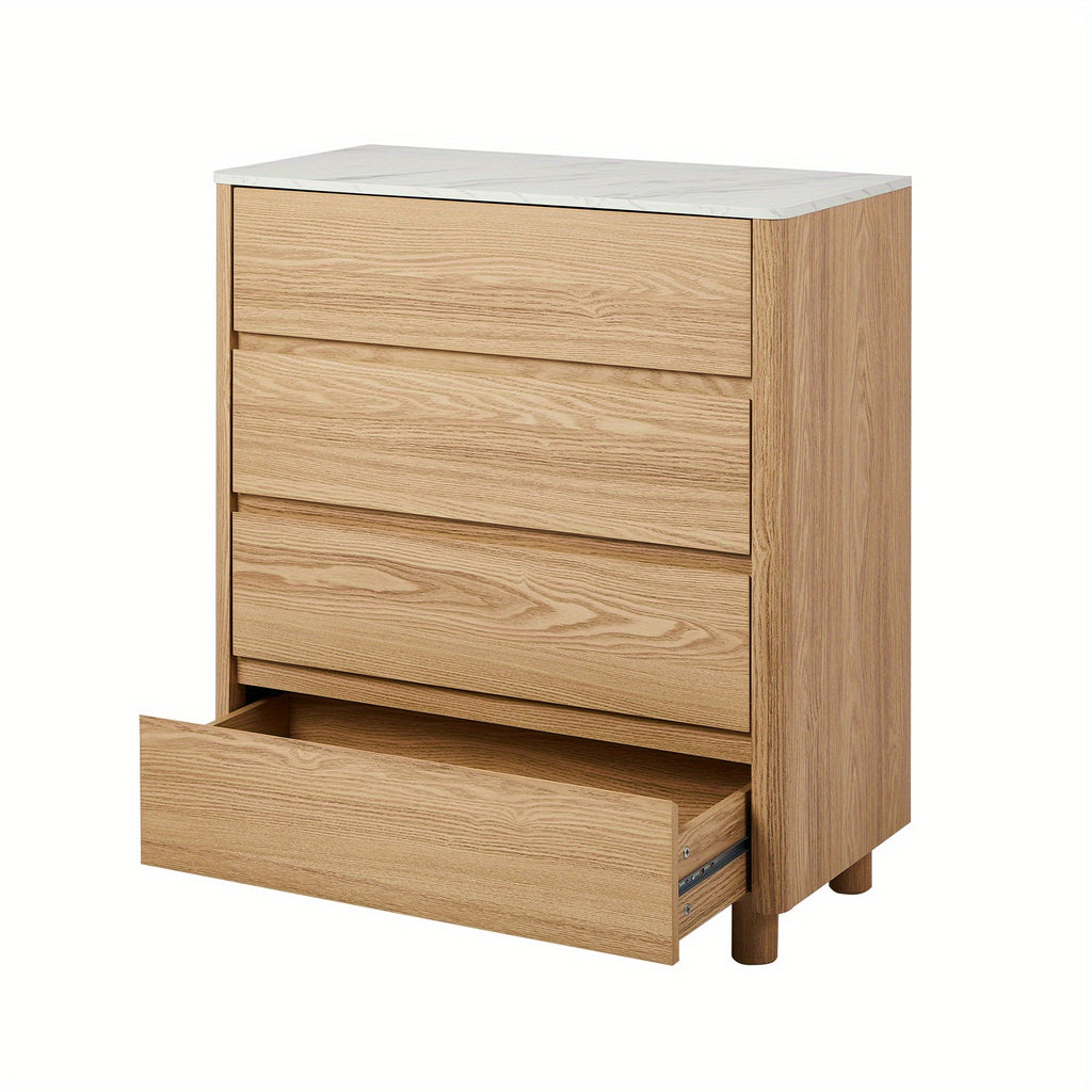 4‑Drawer Modern Chest – White & Natural Wood with Faux Marble Top